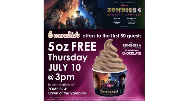 Menchie’s Free Frozen Yogurt Day – July 10th — free sample: Menchie’s is teaming up with Disney to celebrate the release of Zombies 4: Dawn of the Vampires—and 