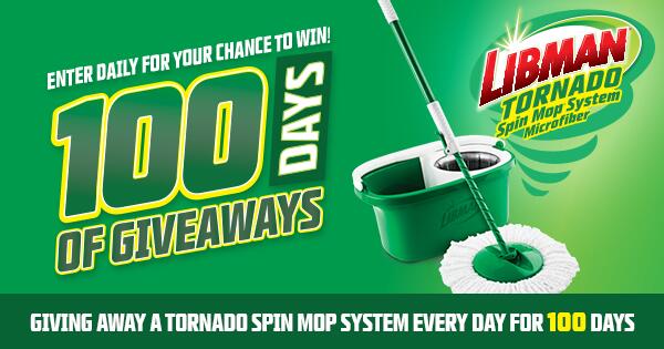 Libman 100 Days of Giveaway  — free sample: Enter daily for your chance to win a Tornado Spin Mop System! Jut click on the linked page below to 