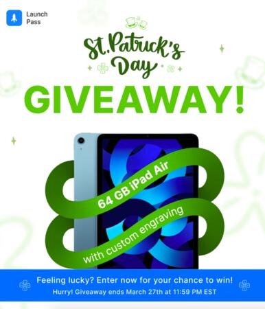 LaunchPass St. Patrick's Day Giveaway! — free sample: The LaunchPass St. Patrick's Day Giveaway offers participants the chance to win an iPad Air 64GB Wif